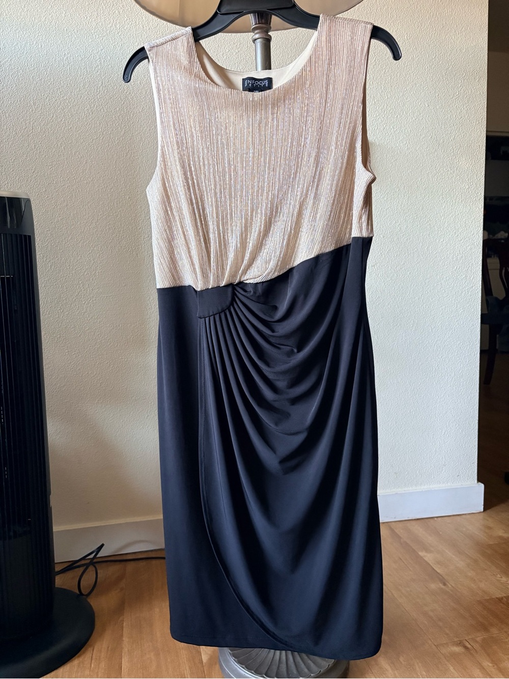 En Focus Petite Metallic Cream Black Ruched Cocktail Dress Size 14P